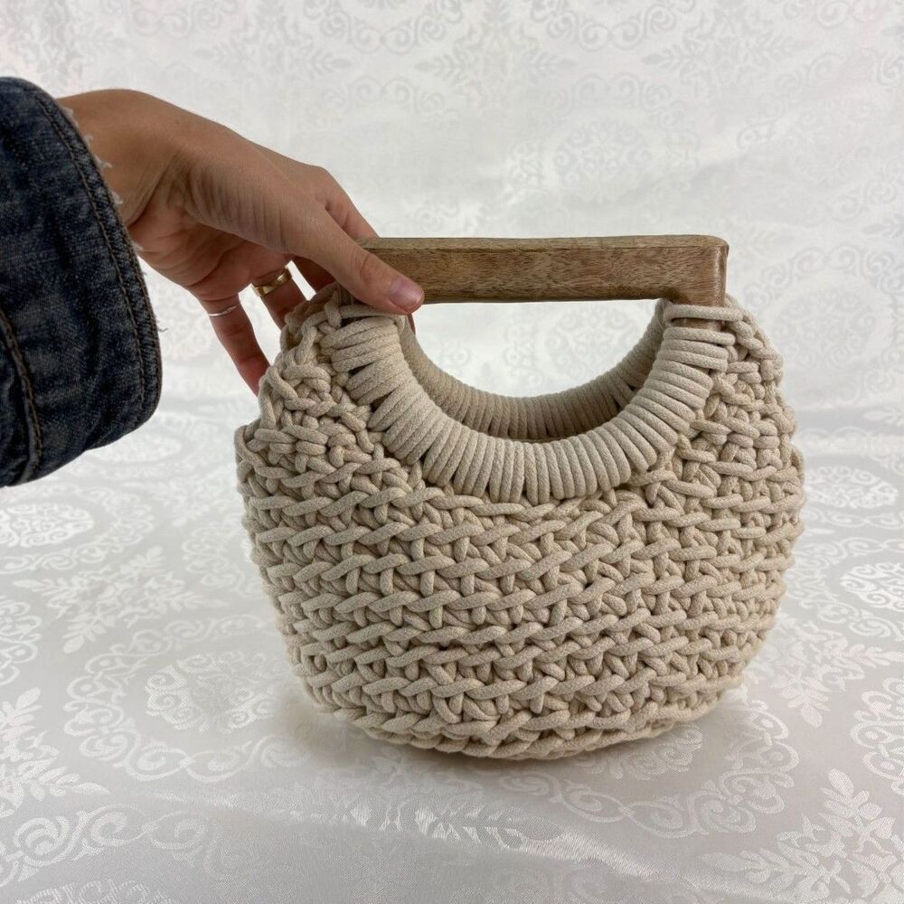 Crochet Mini HandBag Wood Accent Cotton Beachy Wedding Guest Cocktail Hour Event